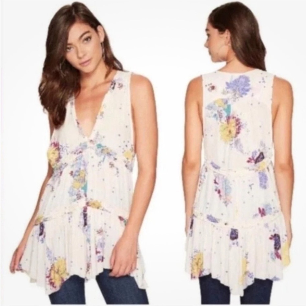 Free People Cream and Purple Floral Tank Top Size S